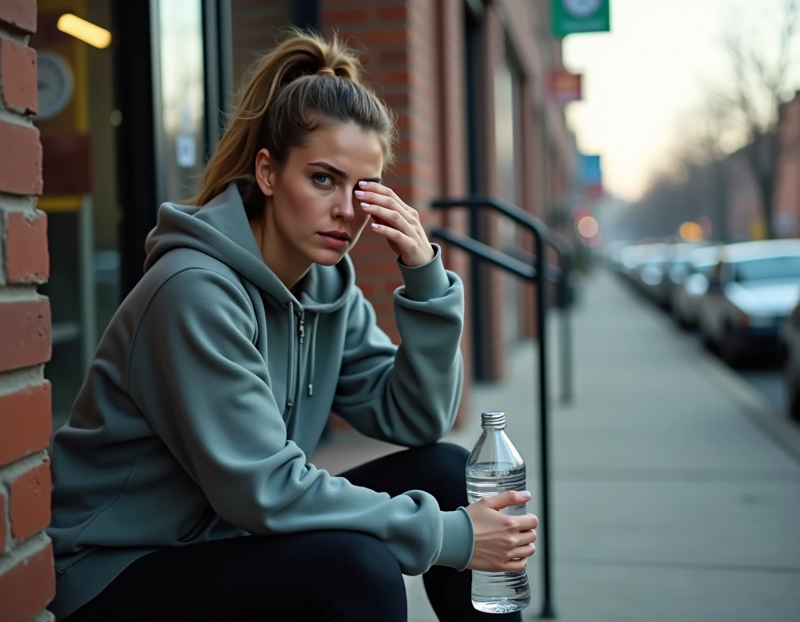 Femme épuisée assise devant l'entrée d'une salle de sport très tôt le matin, tenant une bouteille d'eau