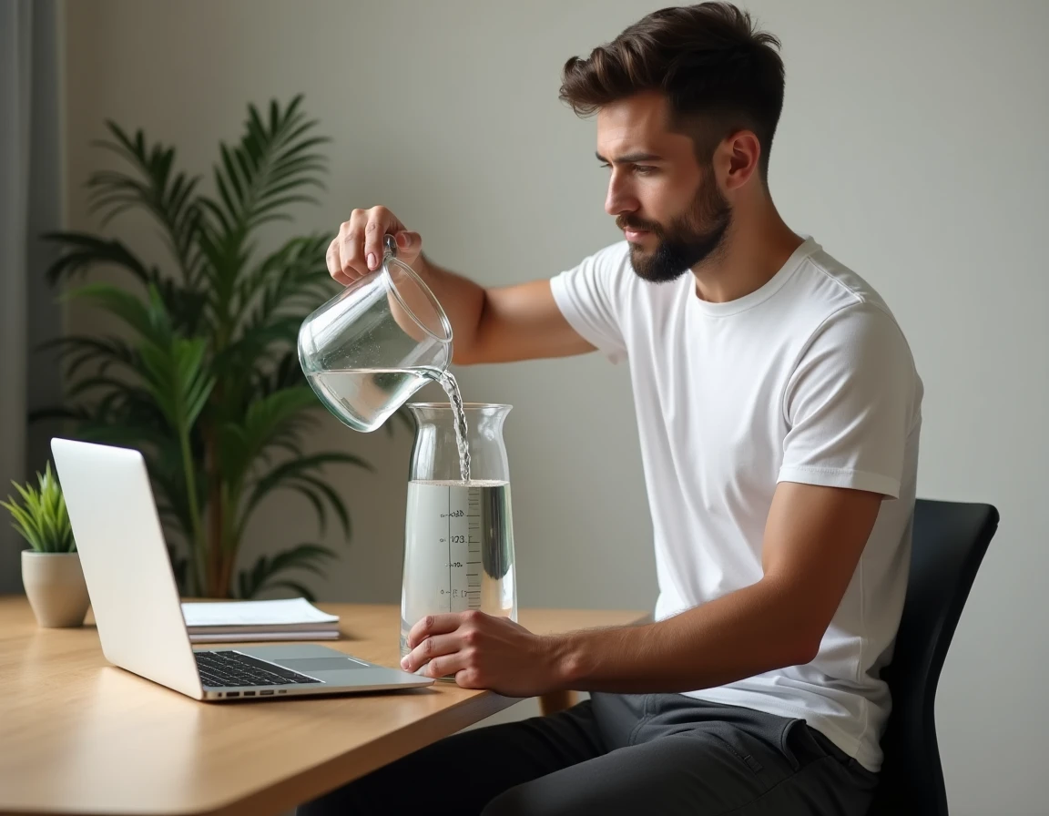 Homme versant deux litres d'eau dans une carafe mesurée sur un bureau à domicile, concept de consommation d'eau quotidienne et perte de poids