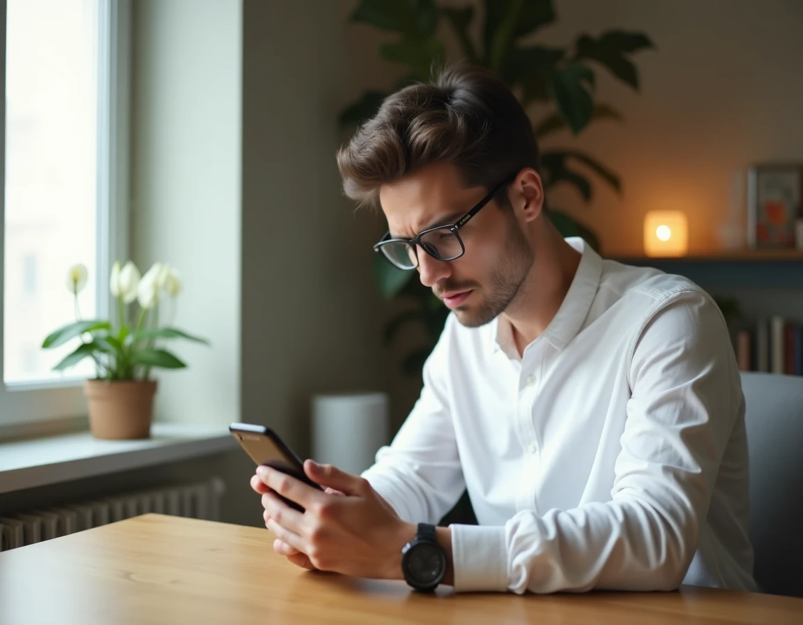 Homme consultant une application qualité de l'air depuis son appartement
