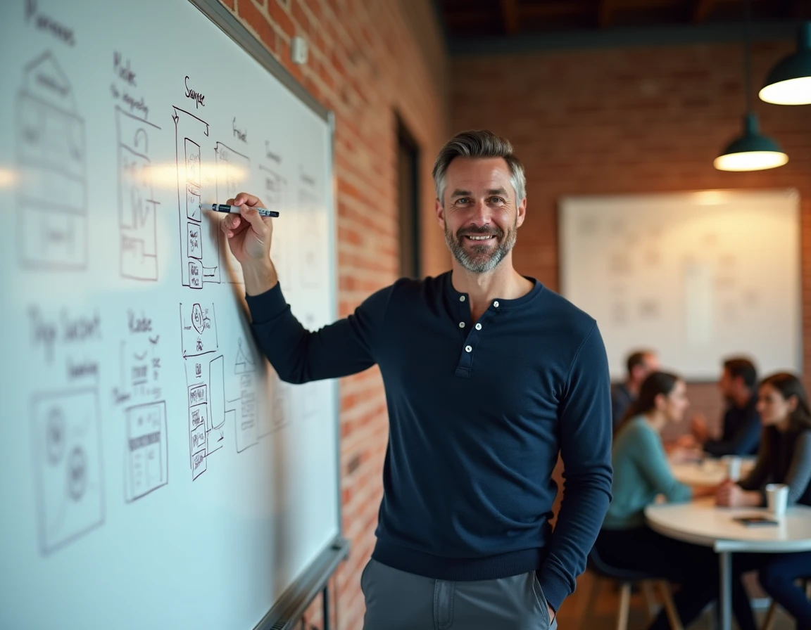 Homme expliquant des étapes d'autonomisation sur un tableau blanc lors d'un atelier de développement personnel en espace de coworking
