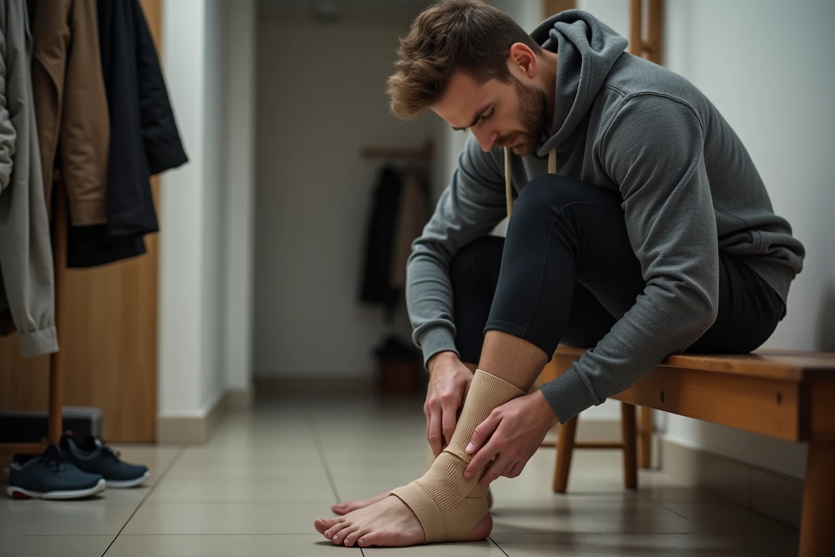 Homme bandant son talon gauche avec une bande de compression élastique dans un couloir