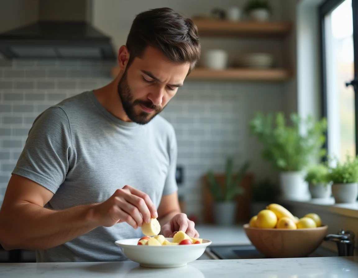 Homme préparant un bol de fruits avec pomme et banane dans une cuisine urbaine le matin