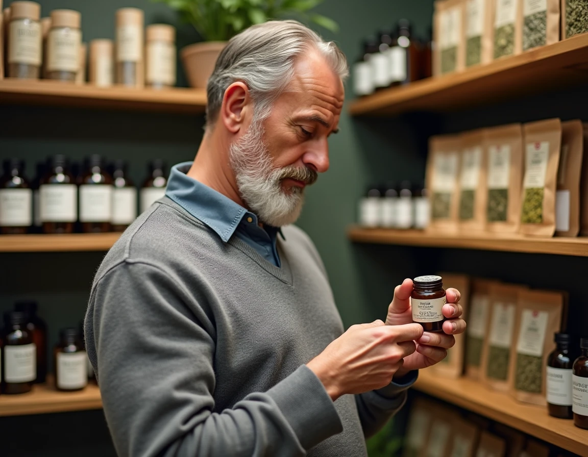 Homme examinant un remède expectorant naturel à base de plantes dans une herboristerie ou pharmacie naturelle