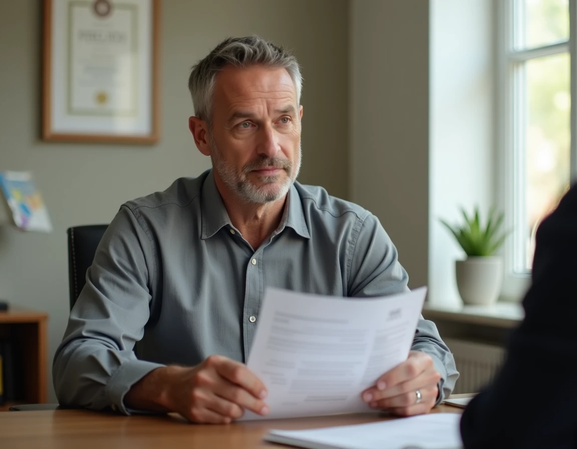 Homme en consultation médicale tenant un document sur son traitement antidépresseur et son aptitude au travail