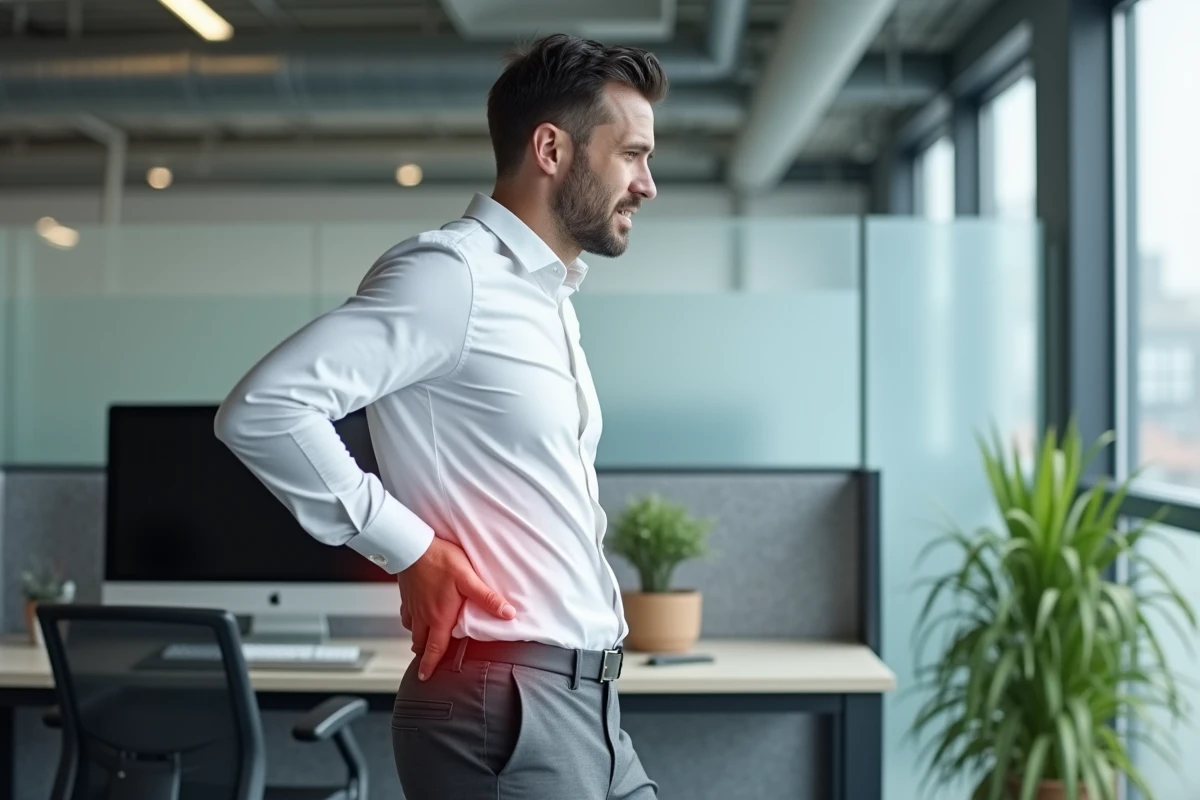 Homme en bureau debout soulageant une contracture lombaire en s'étirant près de son poste de travail