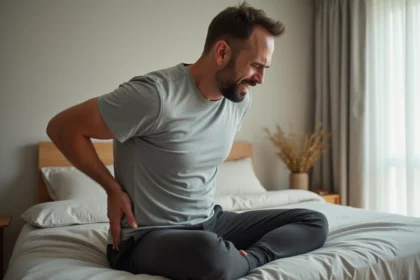 Homme assis sur un lit tenant son bas du dos contracté, illustrant la douleur dorsale musculaire