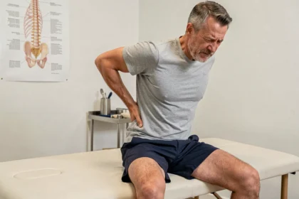 Homme d'âge moyen assis sur une table d'examen kinésithérapeutique tenant son bas du dos douloureux en raison d'une sciatique liée au déplacement du sacrum