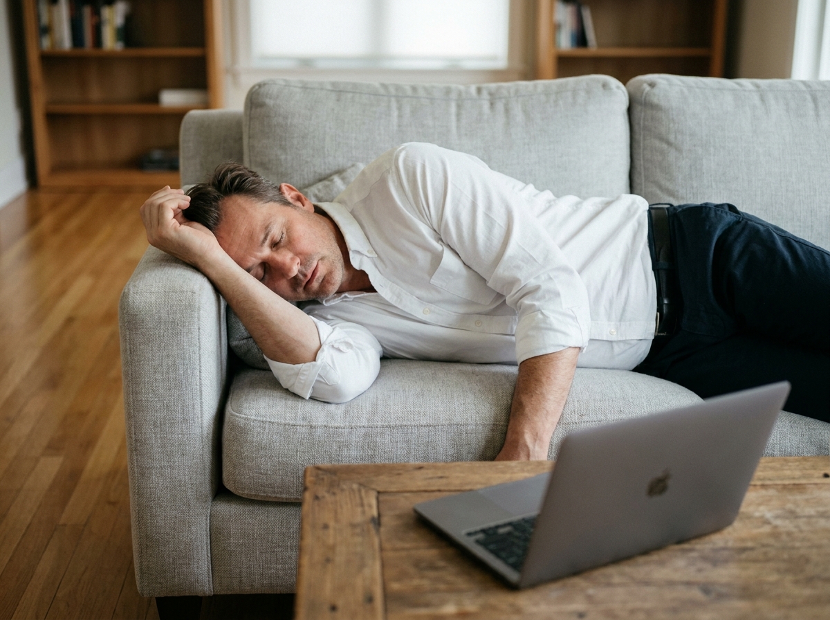 Homme épuisé allongé sur un canapé en lin après le travail, les yeux fermés et les vêtements froissés, symbolisant la fatigue persistante et le manque d'énergie