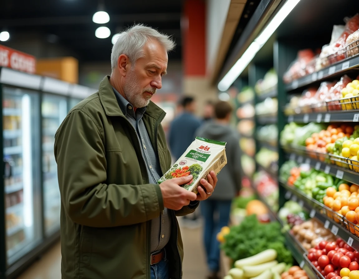Homme lisant attentivement l'étiquette d'un produit Cal Organic dans un rayon de supermarché