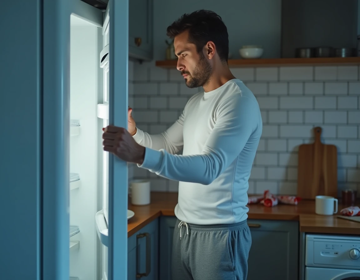Homme fatigué ouvrant le réfrigérateur la nuit, illustrant le lien entre manque de sommeil et grignotages nocturnes