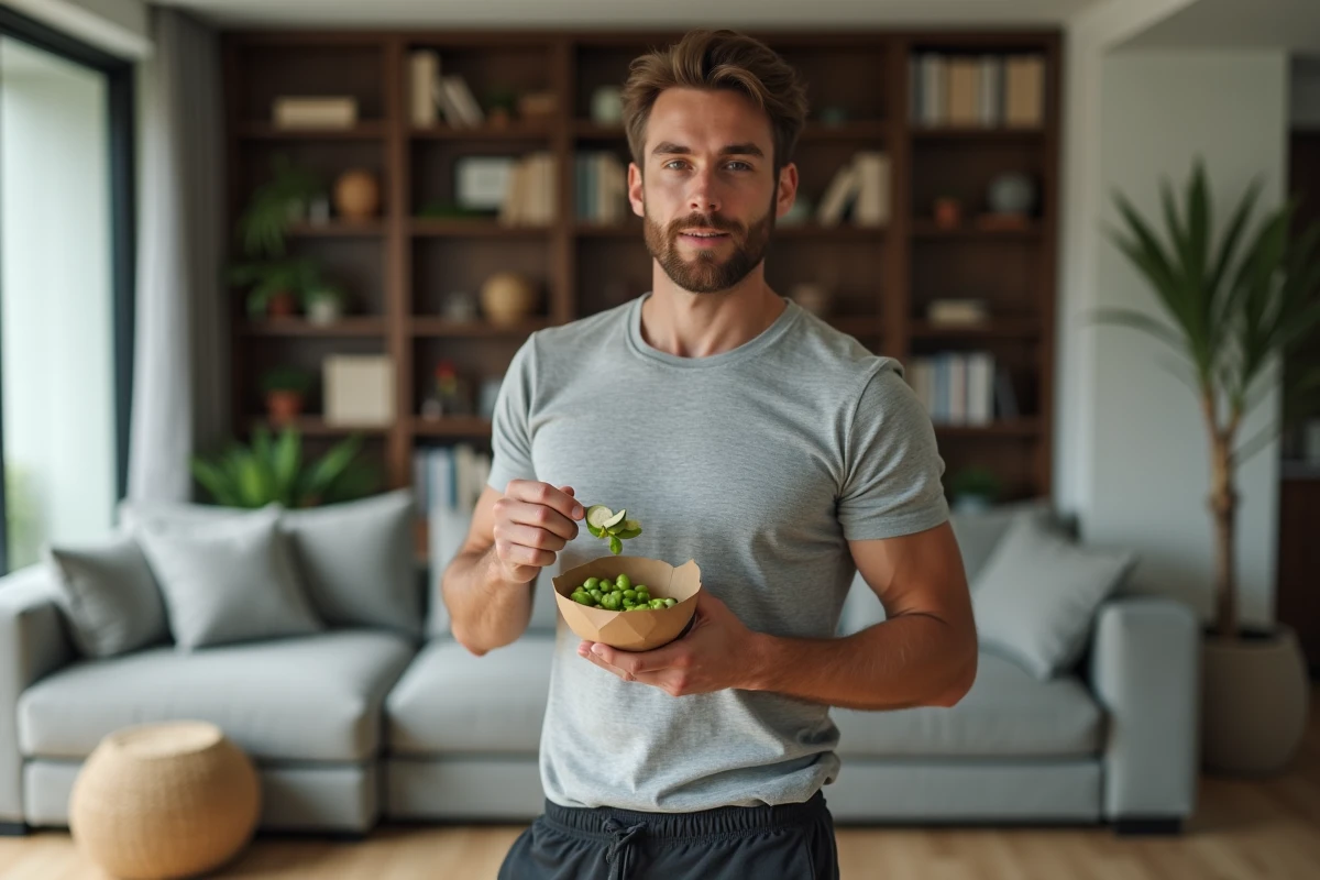 Jeune homme grignotant des édamames et radis comme encas sain et peu calorique à la maison