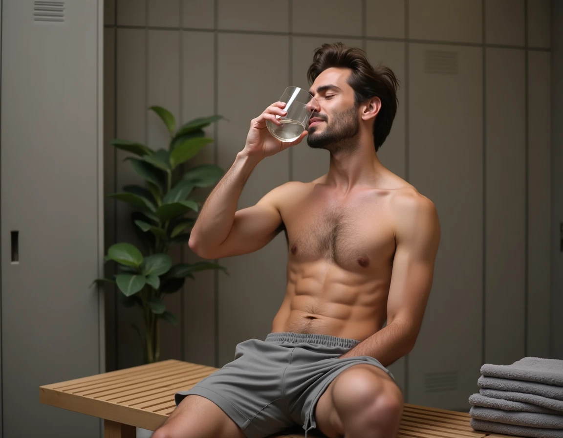 Homme buvant un verre d'eau dans un vestiaire de spa après une séance de massage
