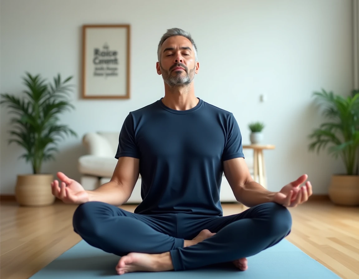 Homme pratiquant la méditation sur un tapis de yoga dans un appartement minimaliste pour le bien-être personnel