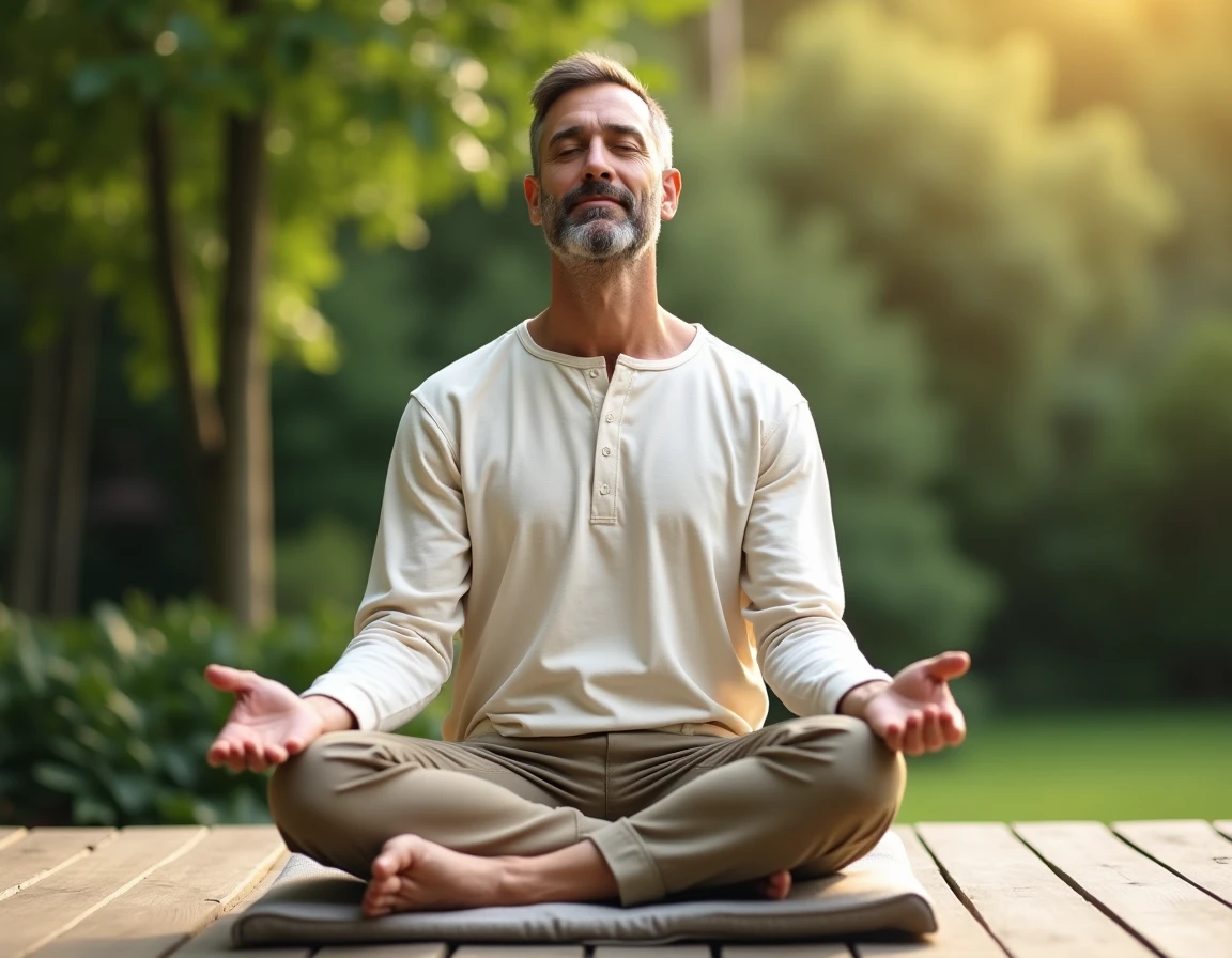 Homme en méditation assis sur un coussin sur une terrasse en bois entourée d'un jardin verdoyant, expression sereine et posture droite