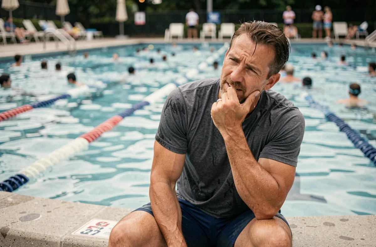 Homme au bord d'une piscine tirant sur son lobe d'oreille pour déboucher l'oreille bouchée après la natation
