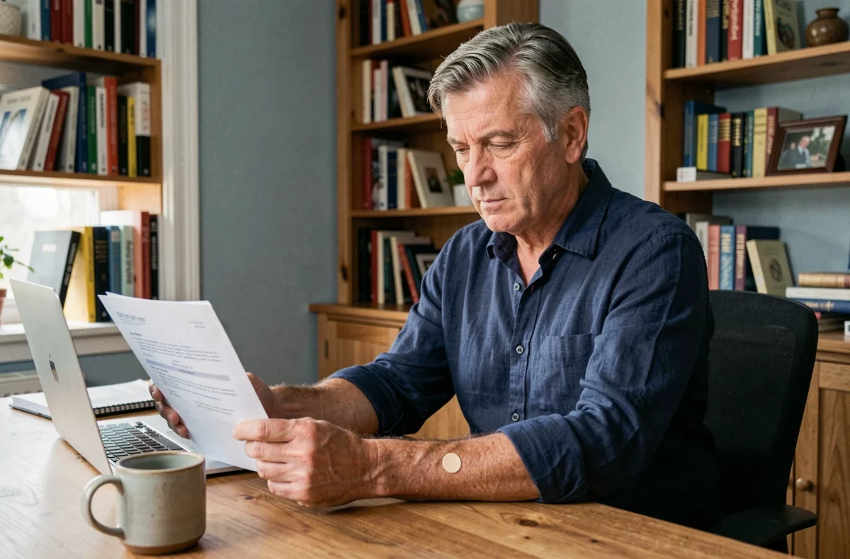 Homme de 52 ans consultant un bilan de santé avec un patch de berbérine sur l'avant-bras, dans un bureau à domicile, symbolisant le suivi de la glycémie et du cholestérol