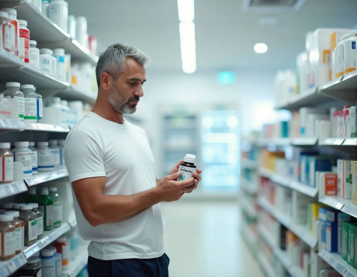 Homme lisant l'étiquette d'un complément probiotique en pharmacie pour évaluer la santé de son microbiote