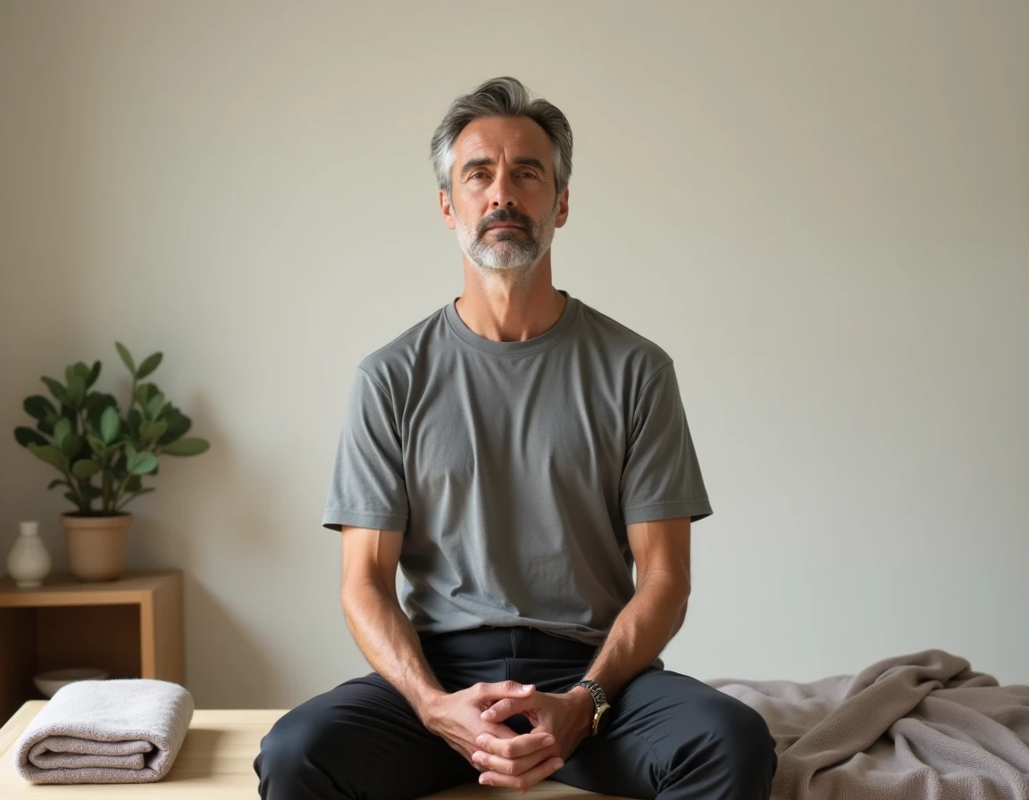 Homme assis en position de recueillement après une séance de magnétisme, expression intérieure et détendue dans une salle de soin minimaliste