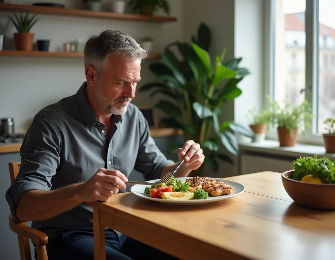 Homme mangeant un repas équilibré à table selon les principes de la chrononutrition