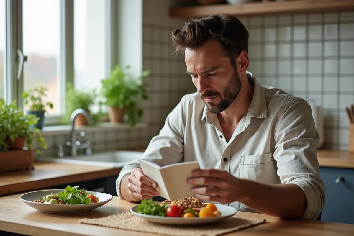 Homme consultant une brochure médicale sur la santé du foie et la GGT élevée à table devant un repas sain