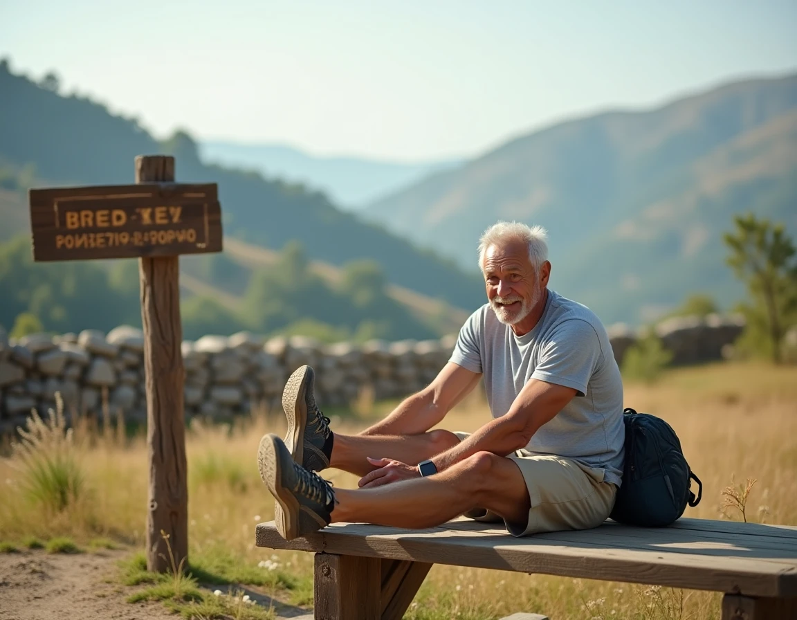Homme senior s'étirant sur un banc en bois lors d'une pause randonnée en montagne, illustrant les bénéfices de la marche nordique et de l'exercice physique pour la santé des seniors