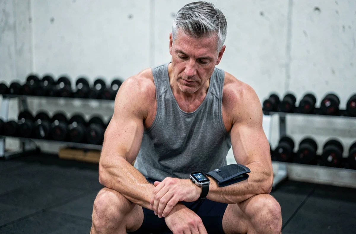 Homme sportif en salle de sport consultant les données de tension artérielle sur sa montre connectée après l'entraînement
