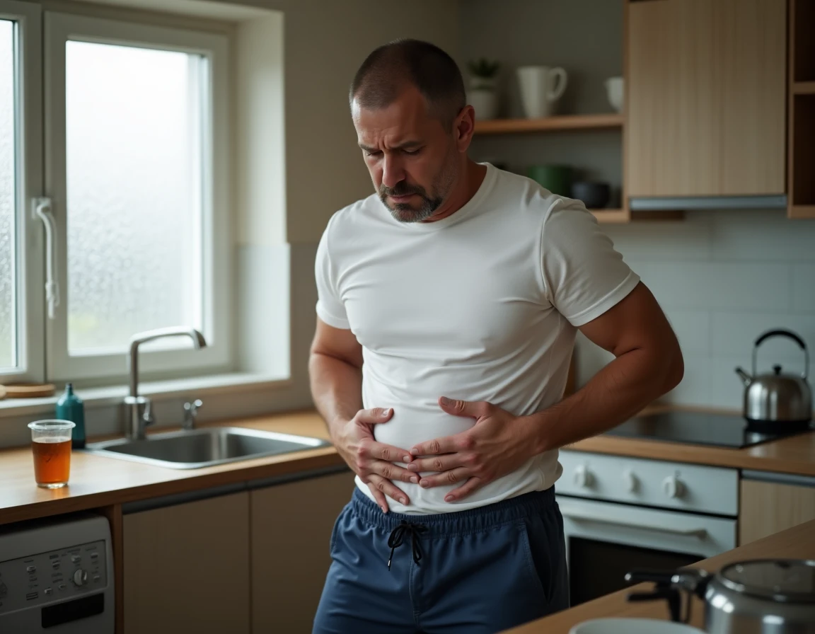 Homme souffrant de douleurs abdominales liées au stress, montrant l'effet du stress chronique sur le système digestif