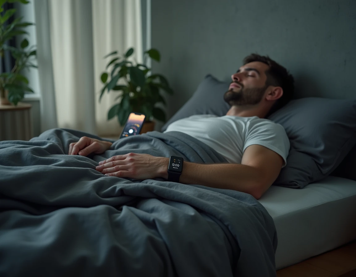 Homme portant un bracelet connecté de suivi du sommeil, avec une application affichant les cycles de sommeil profond sur son téléphone