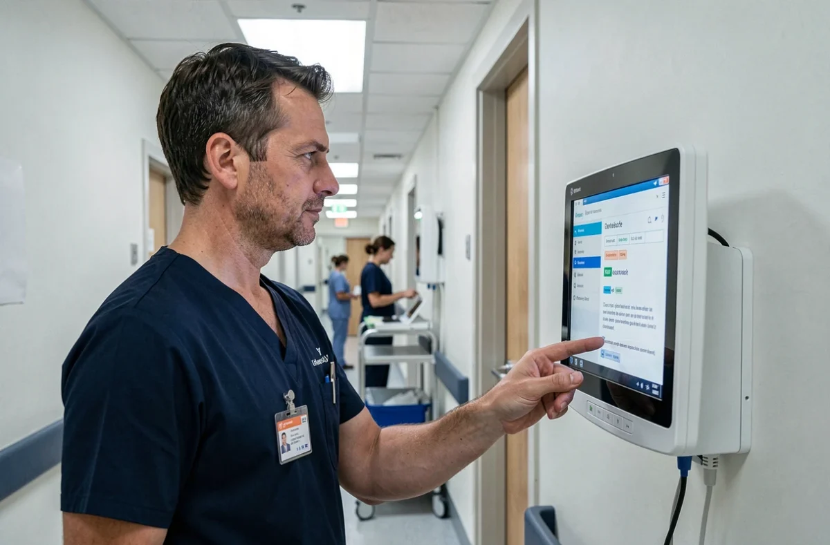Infirmier du CHU accédant à sa messagerie interne depuis un terminal informatique dans un couloir hospitalier