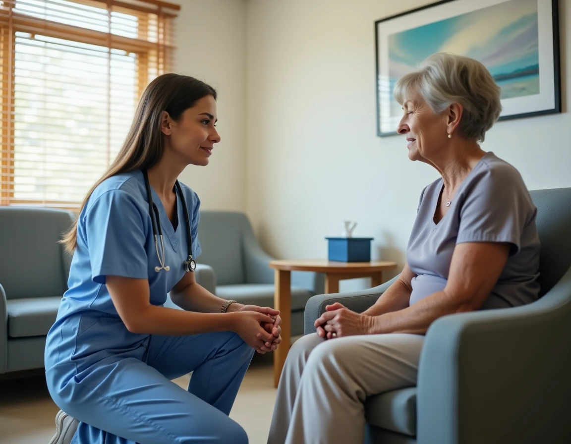 Infirmière en soins palliatifs à hauteur des yeux d'une famille en deuil, montrant compassion et soutien émotionnel dans un salon familial