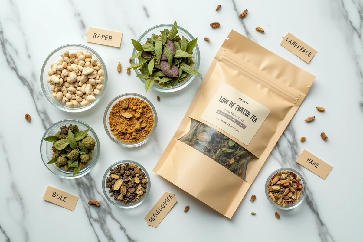 Ingrédients naturels et herbes utilisés dans la composition du thé Lulutox disposés sur marbre blanc