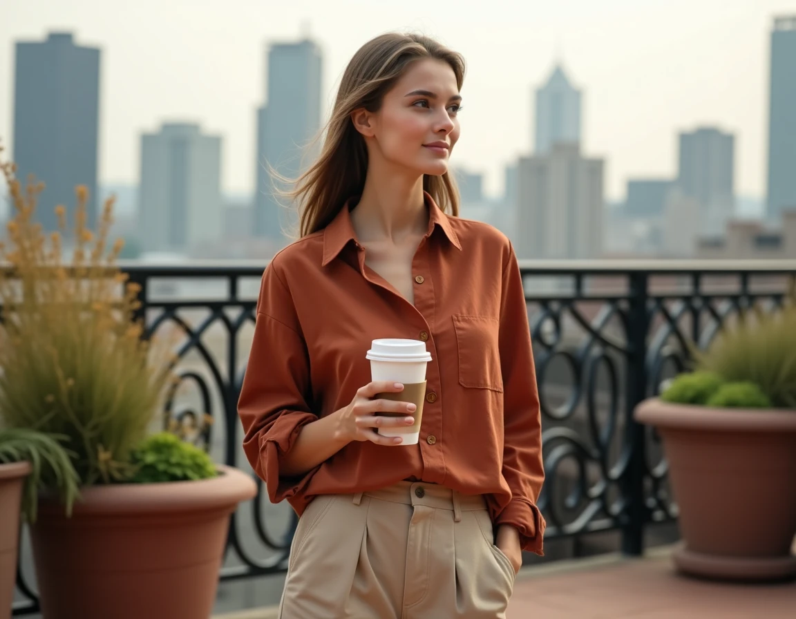Jeune femme autonome et sereine sur une terrasse urbaine, tenant un café et regardant l'horizon, symbolisant la confiance en soi et l'indépendance