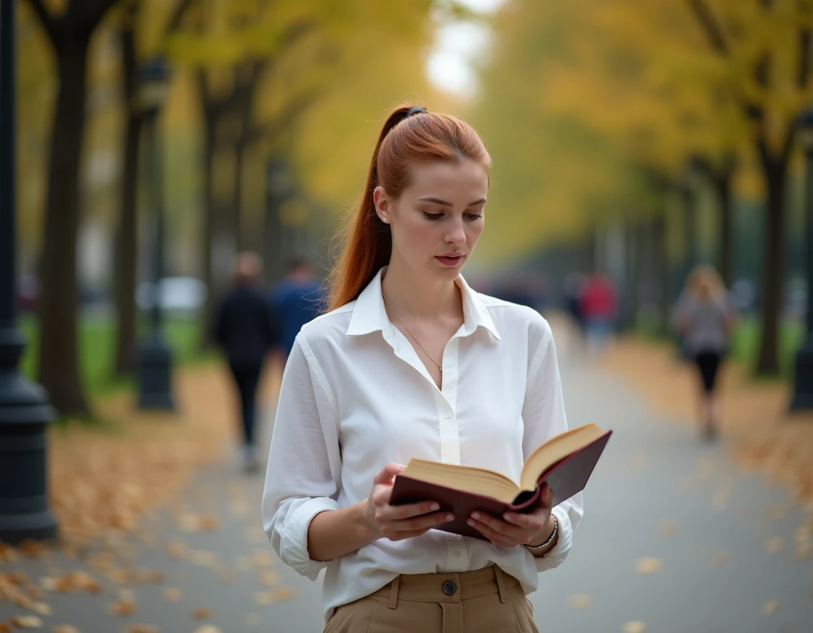 Jeune femme lisant un livre de développement personnel dans un parc urbain en automne