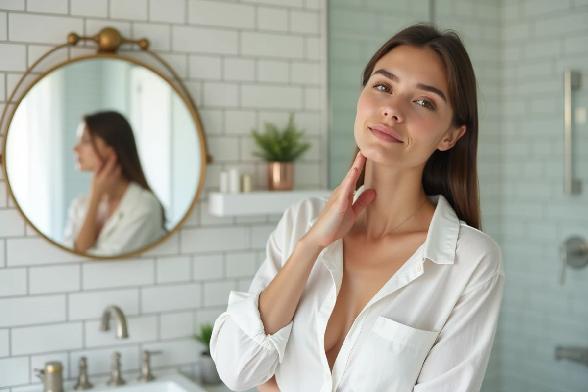 Jeune femme qui palpe un ganglion du côté gauche du cou devant un miroir de salle de bain