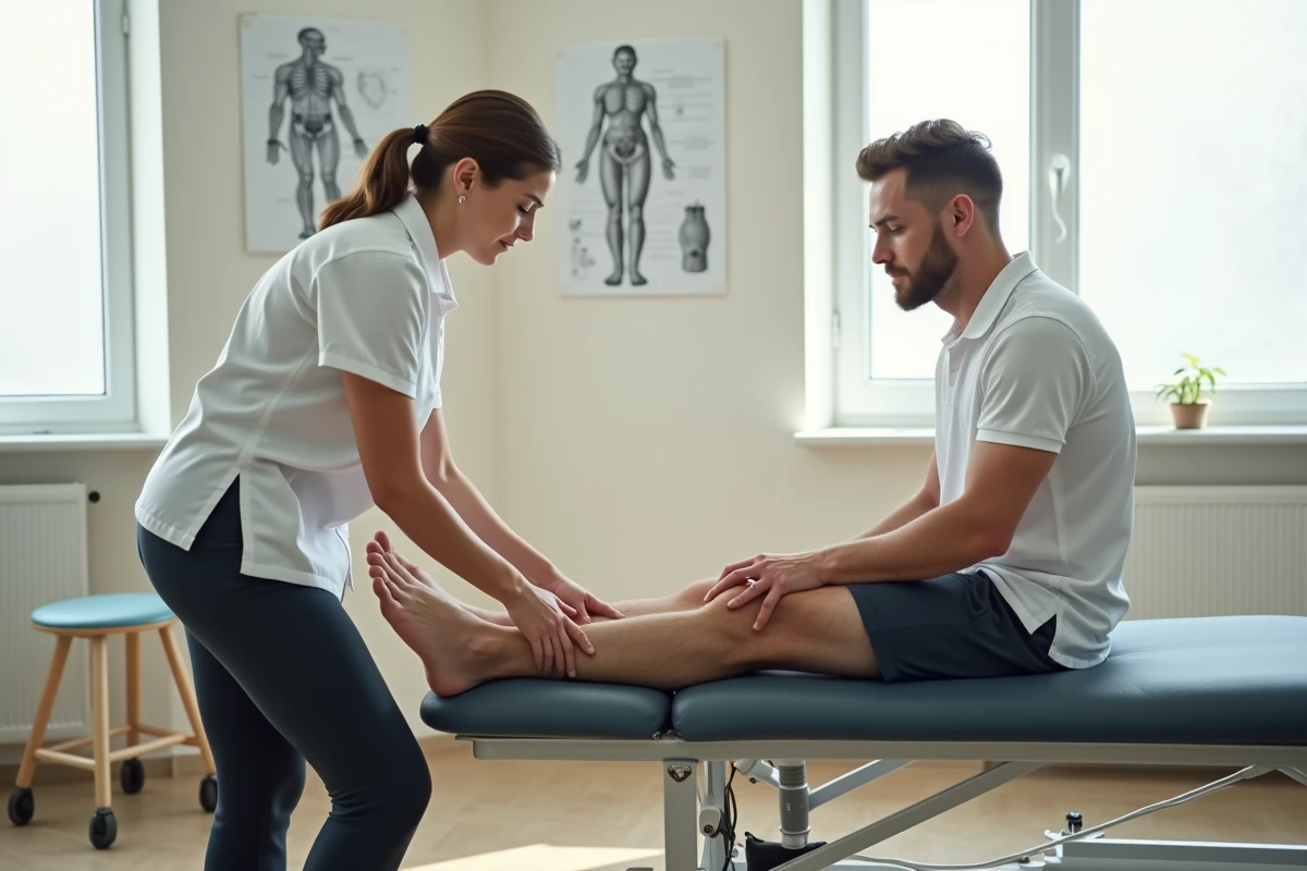 Kinésithérapeute effectuant un bilan de la tendinopathie de la patte d'oie sur un patient allongé en cabinet de rééducation