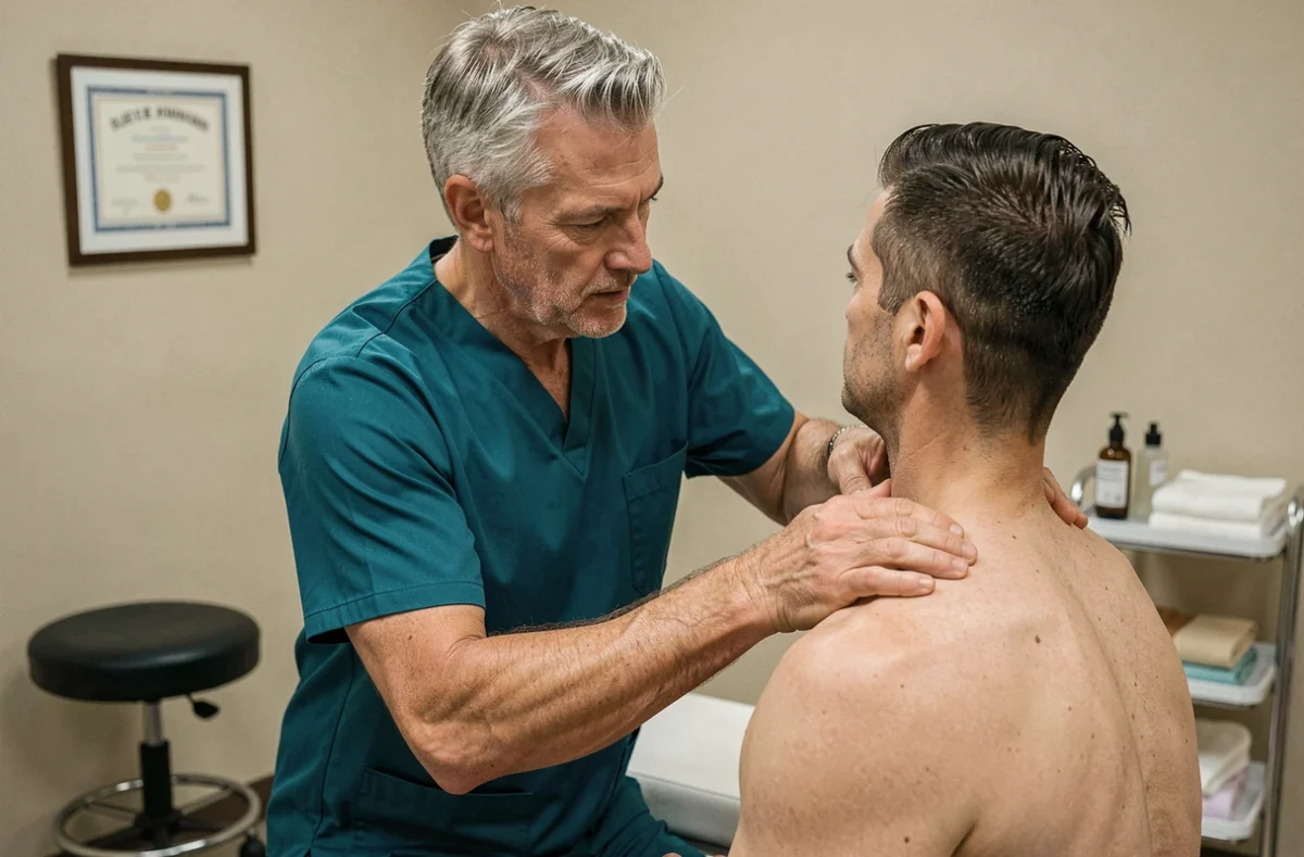Kinésithérapeute évaluant le nerf trapèze d'un patient lors d'une consultation