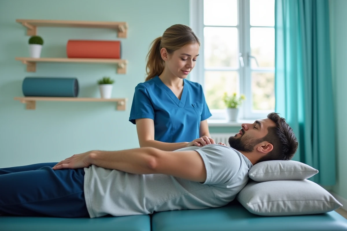 Kinésithérapeute examinant l'épaule d'un patient allongé sur une table de soin pour diagnostiquer une fissure du tendon supra épineux