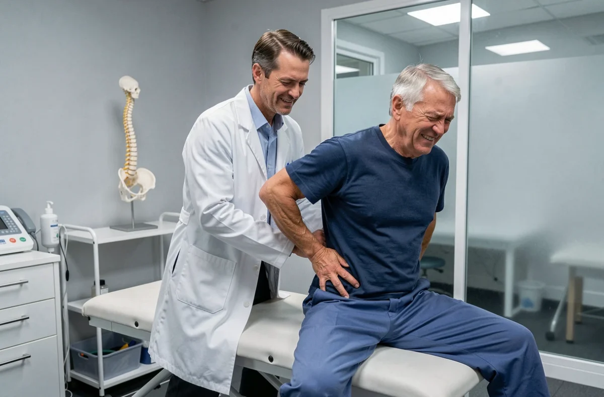 Patient souffrant de pathologie dorsale professionnelle en séance de kinésithérapie dans un cabinet médical