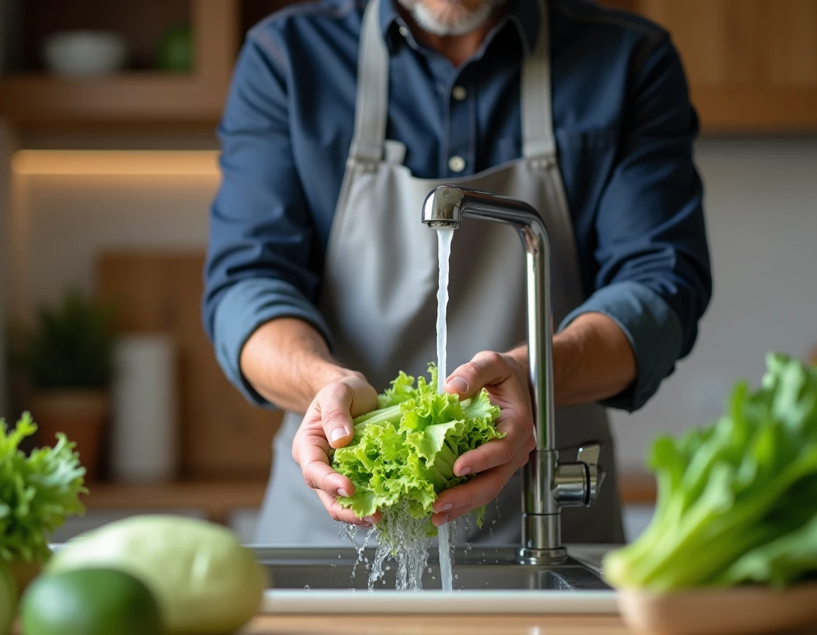 Homme lavant soigneusement des légumes frais sous l'eau courante pour prévenir la contamination à la listeria