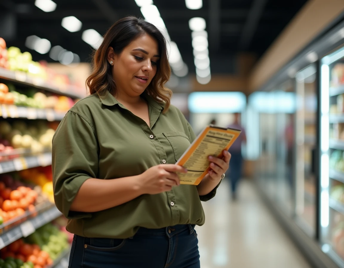 Femme en surpoids lisant une étiquette nutritionnelle dans un supermarché pour faire des choix alimentaires sains dans le cadre d'un régime contre l'obésité