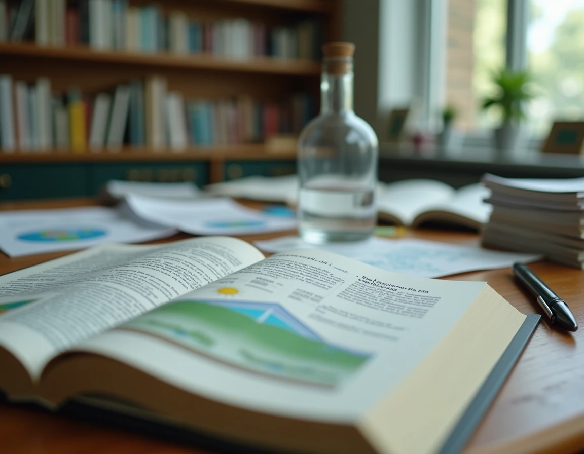 Bureau de laboratoire avec manuel scientifique ouvert sur un schéma comparant effet de serre naturel et réchauffement climatique anthropique