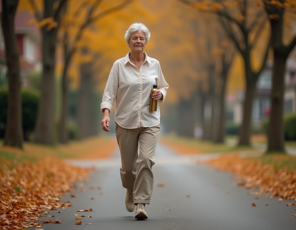Femme marchant en plein air en automne pour stimuler la thyroïde, améliorer le métabolisme et favoriser la perte de poids naturellement
