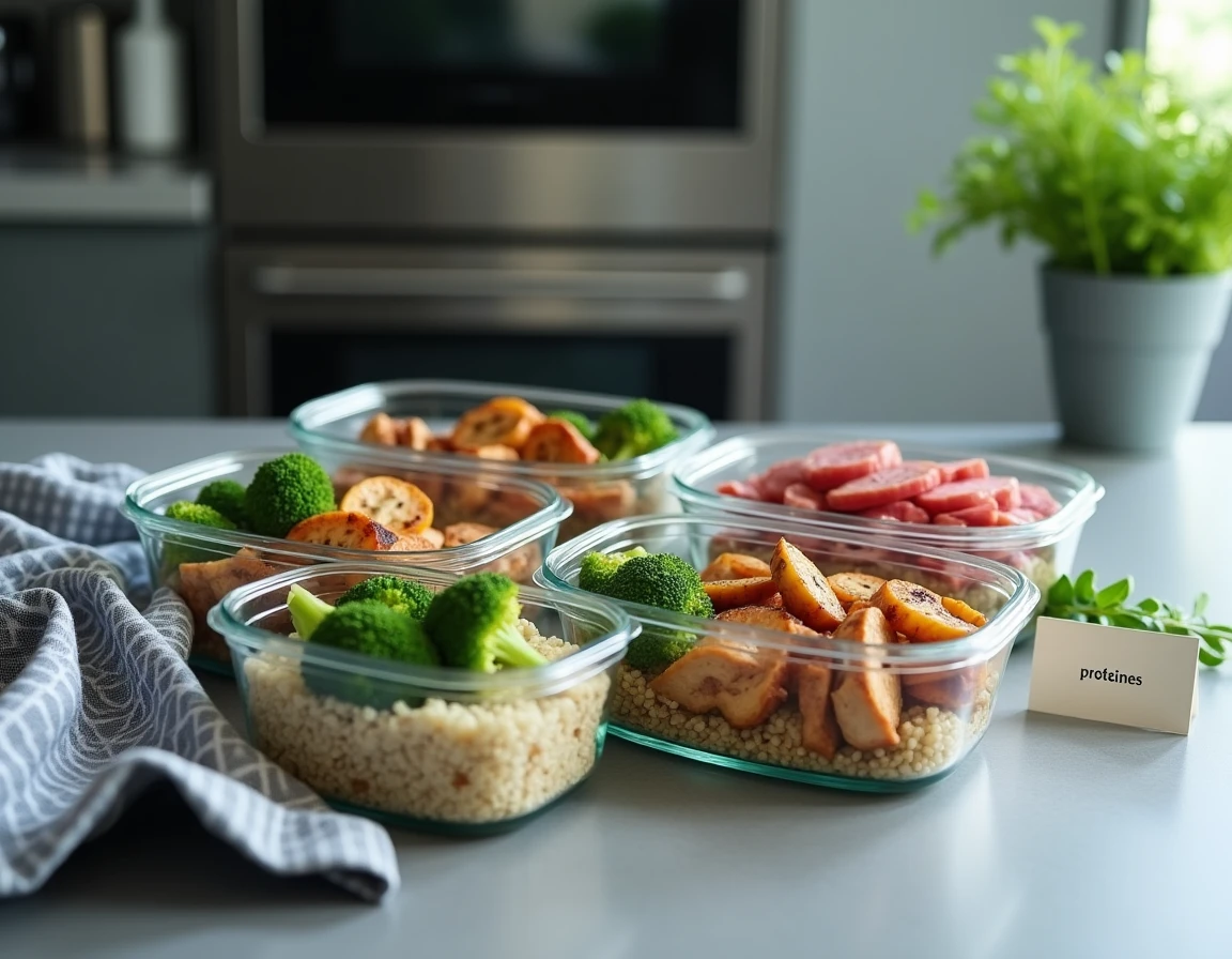Préparation de repas équilibrés avec poulet grillé, bœuf maigre et légumes dans des boîtes en verre, pour une alimentation riche en protéines