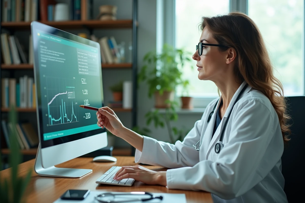 Gastroentérologue analysant des résultats de bilan hépatique avec des valeurs de GGT anormales sur un écran d'ordinateur en consultation