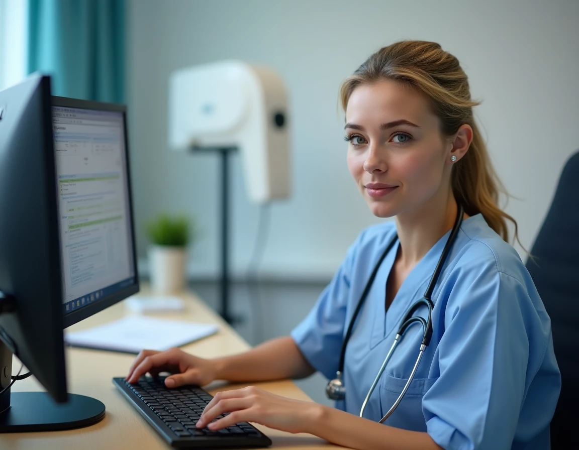 Médecin généraliste consultant un questionnaire de santé mentale sur ordinateur en cabinet