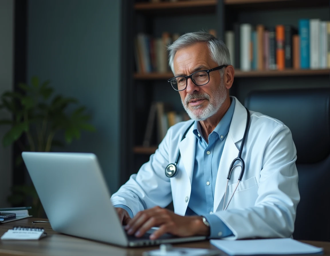 Médecin généraliste réalisant une téléconsultation en ligne depuis son bureau