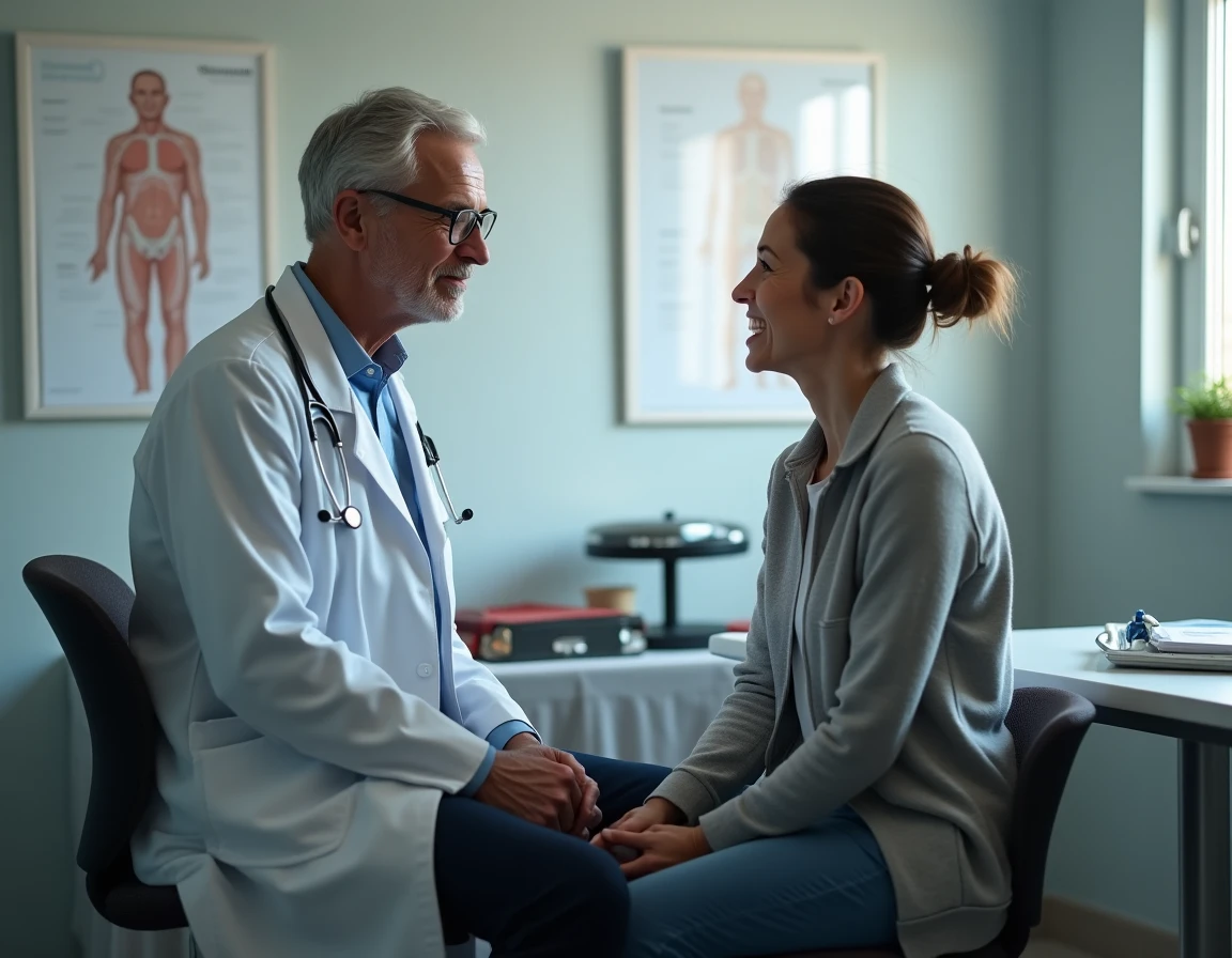 Médecin généraliste expérimenté à l'écoute d'une patiente lors d'un examen clinique en cabinet