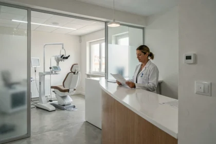 Salle d'accueil d'un cabinet ophtalmologique moderne à Marseille avec une ophtalmologue en blouse blanche consultant un dossier patient