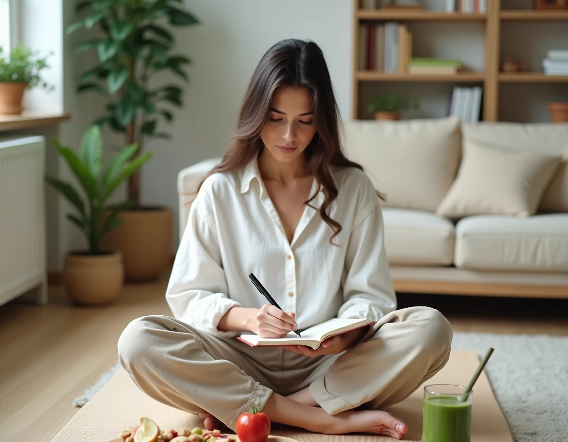 Jeune femme notant ses objectifs de perte de poids dans un journal avec des snacks sains pour appliquer la méthode 80/20