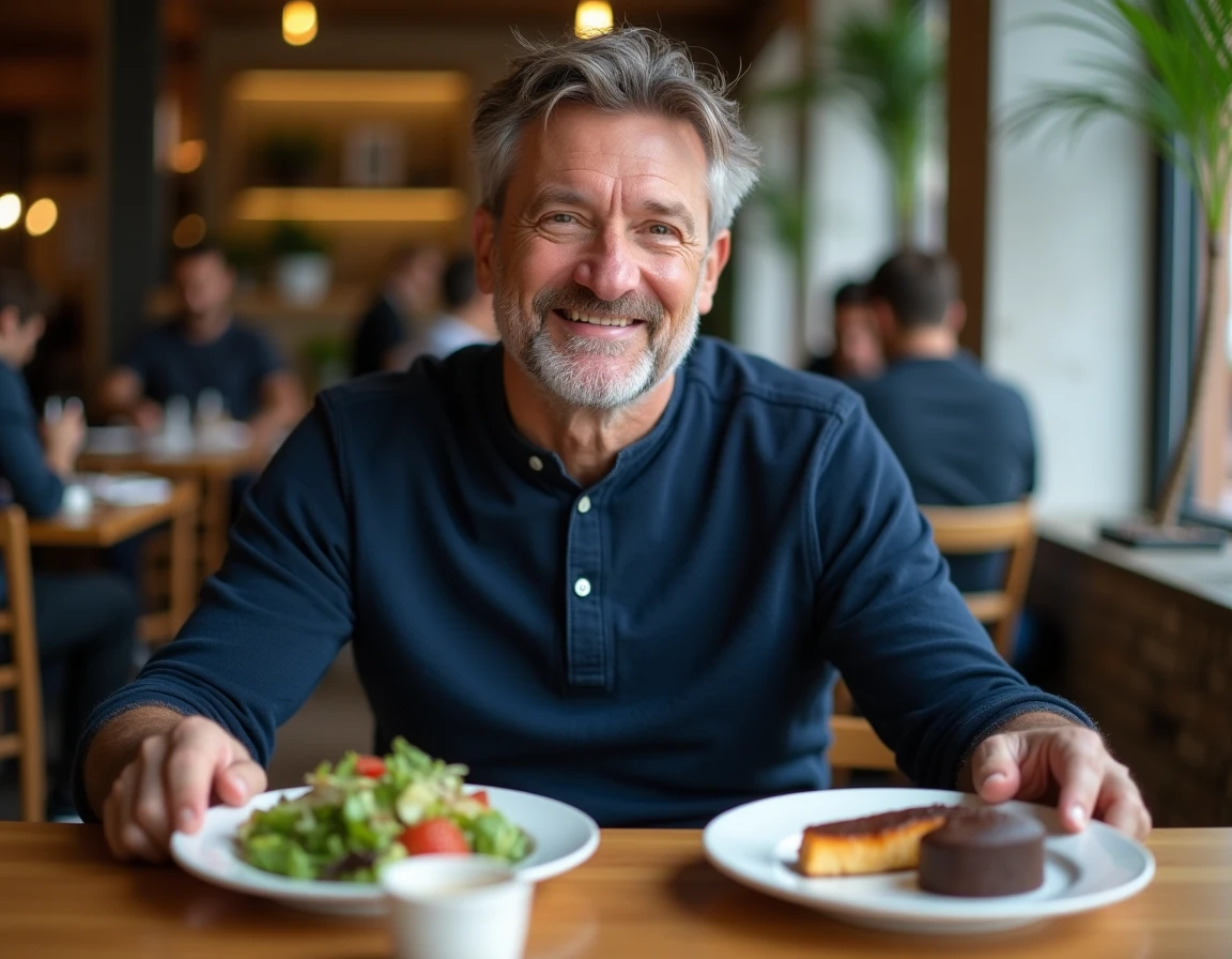 Homme au restaurant choisissant un repas sain avec une petite part de dessert selon la règle 80/20